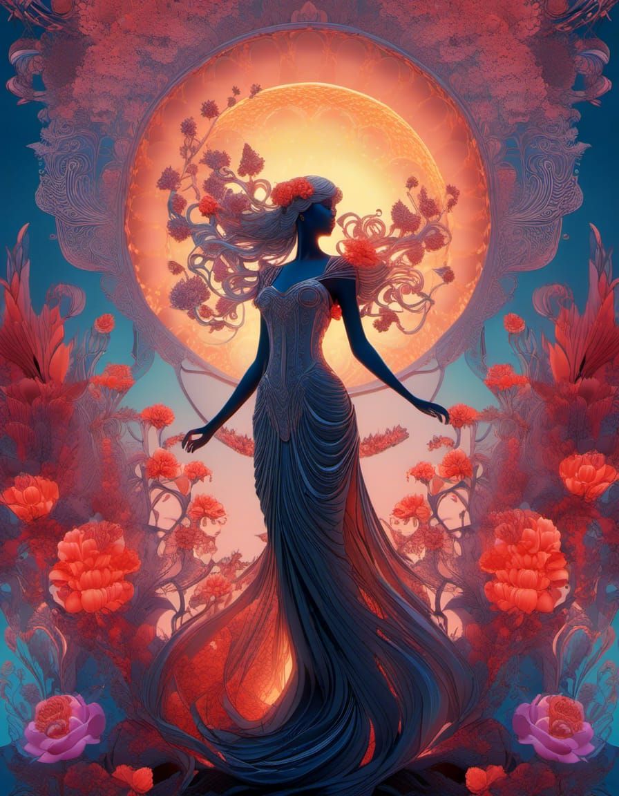 translucent smokey silhouette art, beautiful Persephone, rising from hell to bring the spring flowers to the thawing wor...