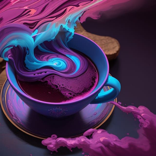Vibrant Magenta Coffee in Blue Cup with Swirling Steam