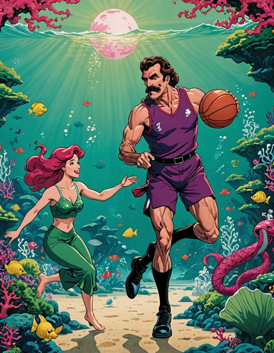 Tom Selleck playing basketball under the sea with the little mermaid. green and magenta Ukiyo-e