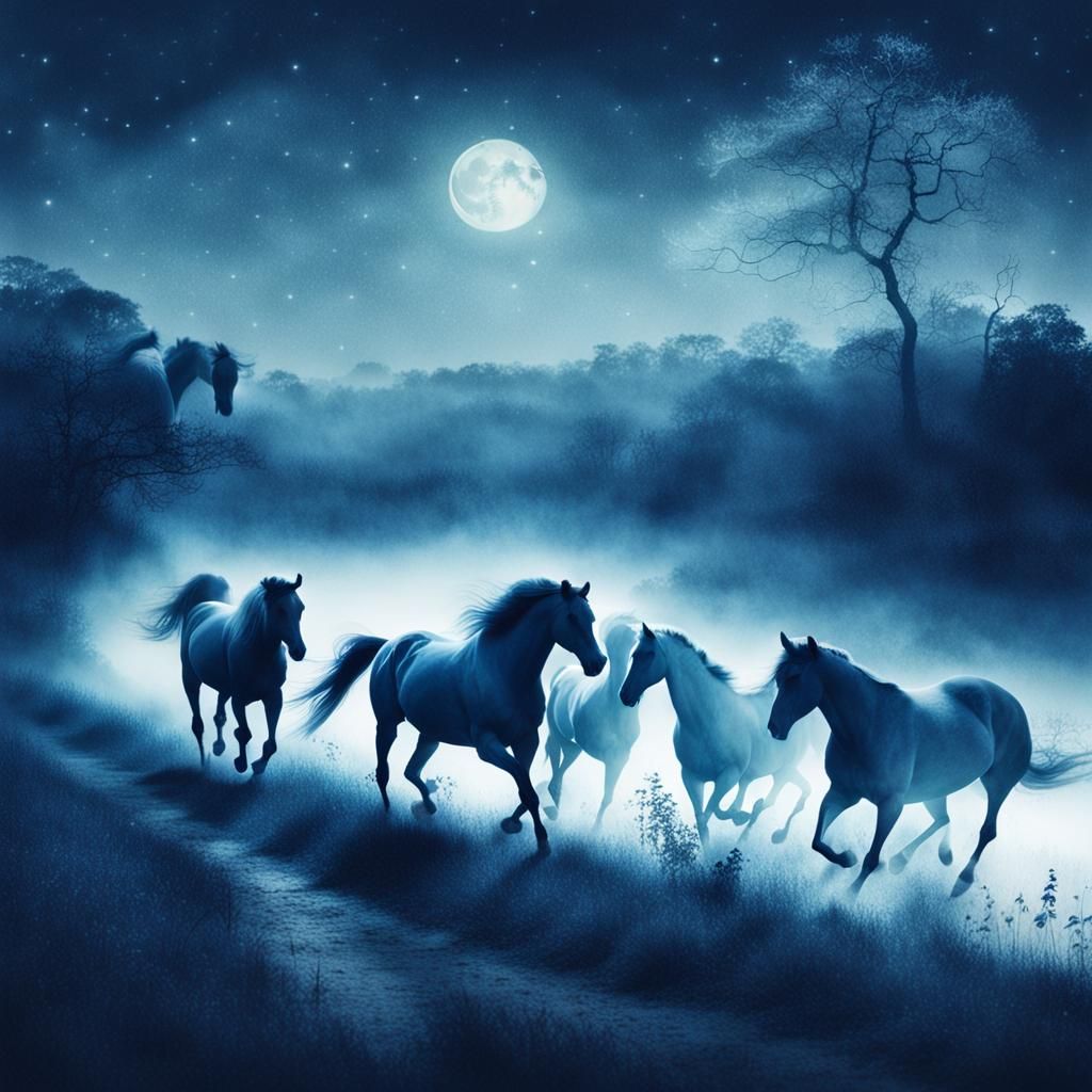 Ethereal Cyanotype Landscapes water beautiful glowing horses running misty night