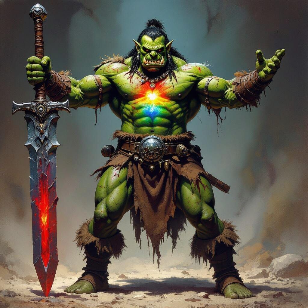 Battle Orc Warrior with Glowing Orb, Comic Book Style