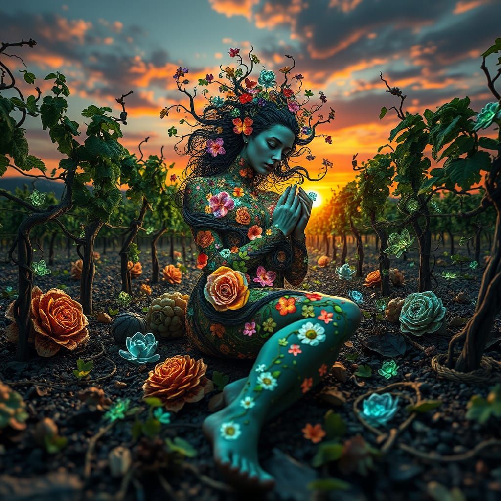 Surreal Bio Art: Mystical Vineyard Goddess in Dreamlike Land...