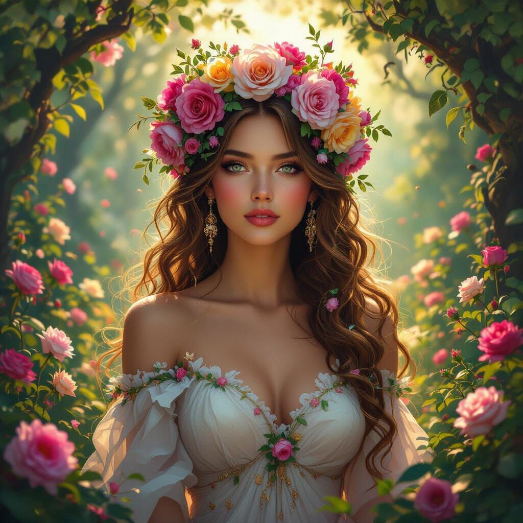 Flower Goddess with Luminescent Petal Hair in Enchanted Fore...