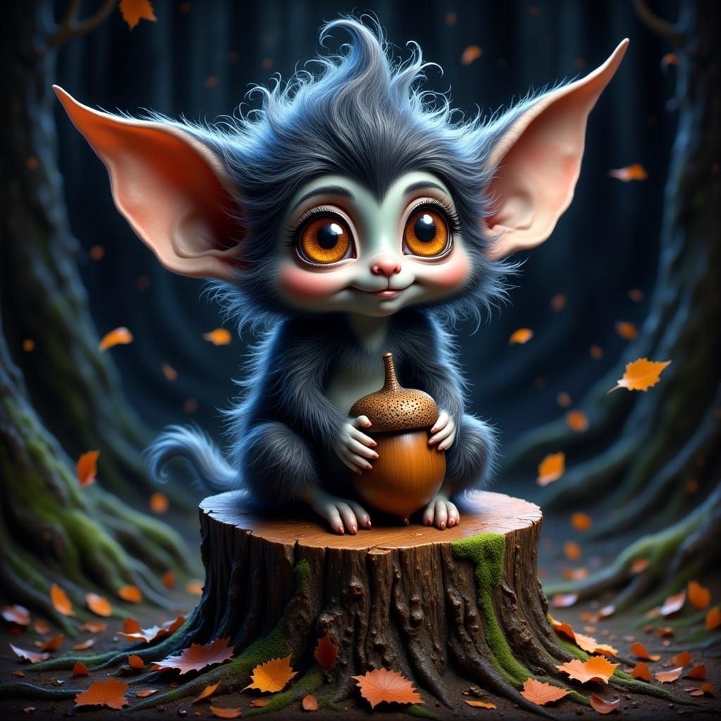 sitting on top of a stump, holding an acorn