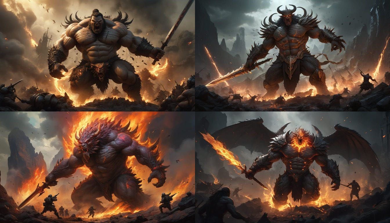 Giant Nephilim Battles Modern Army with Flaming Sword