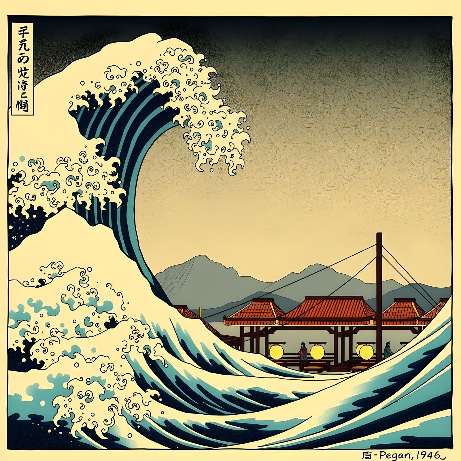 Ukiyo-e Fishermen Village with Dramatic Waves