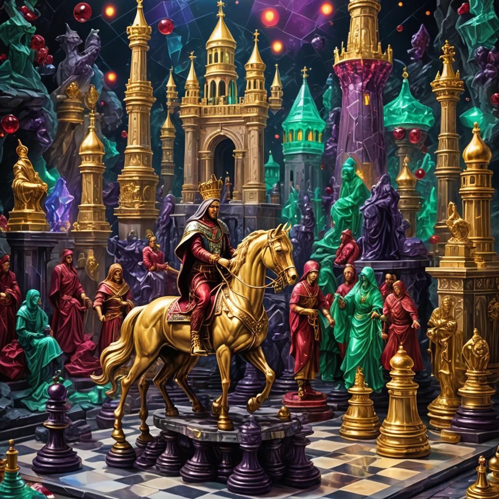 Hyperrealistic Chessboard with Gemstone Pieces