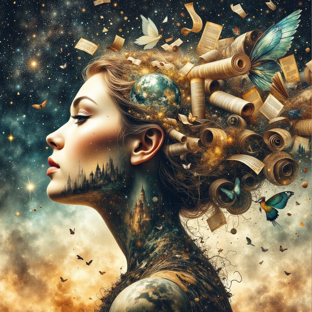 Woman of Books and Music in Ethereal Watercolor Style