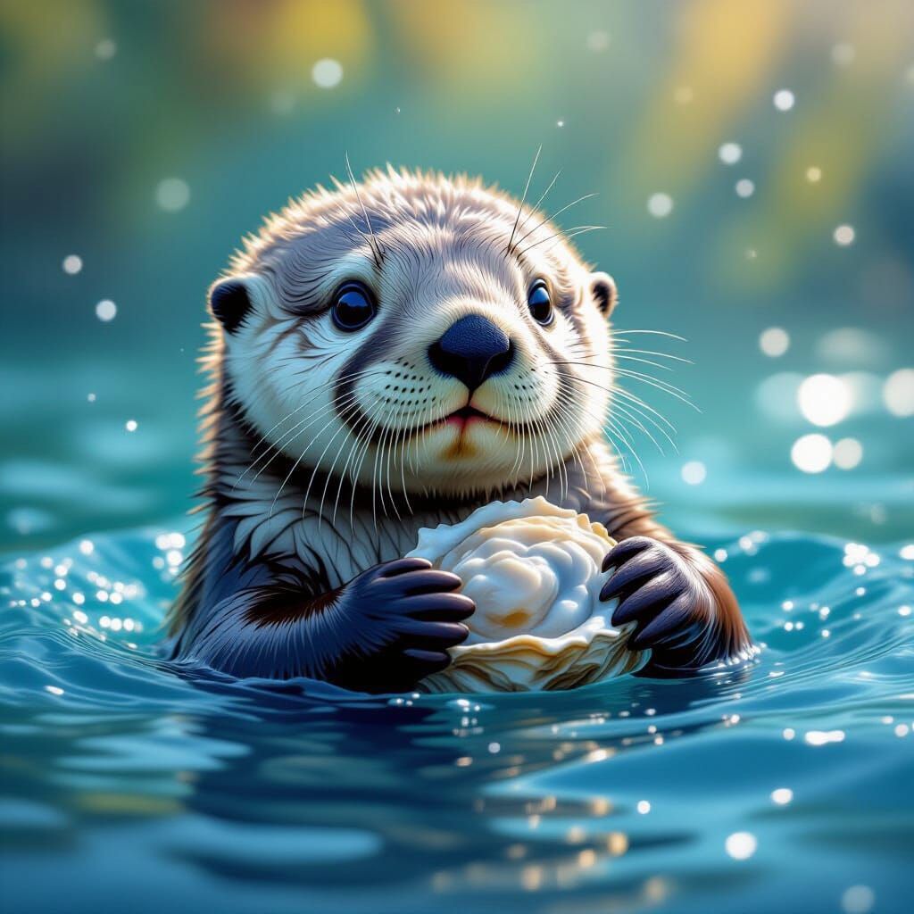 Baby Sea Otter Floats with Oyster in Ocean