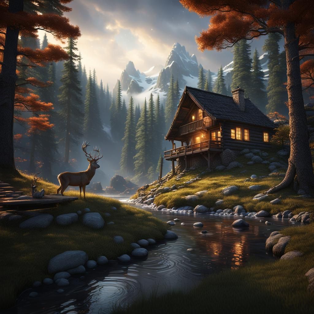 Mountain Cabin at Night: Detailed Matte Painting