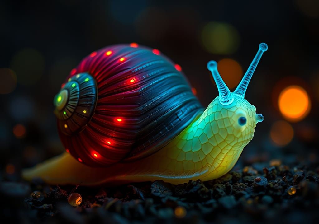 Glowing Neon Snail: Whimsical Magical Illustration