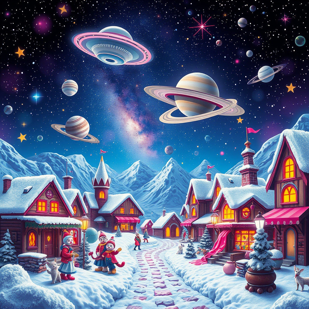 Cosmic Snow Village with Clowns in Photorealistic Style