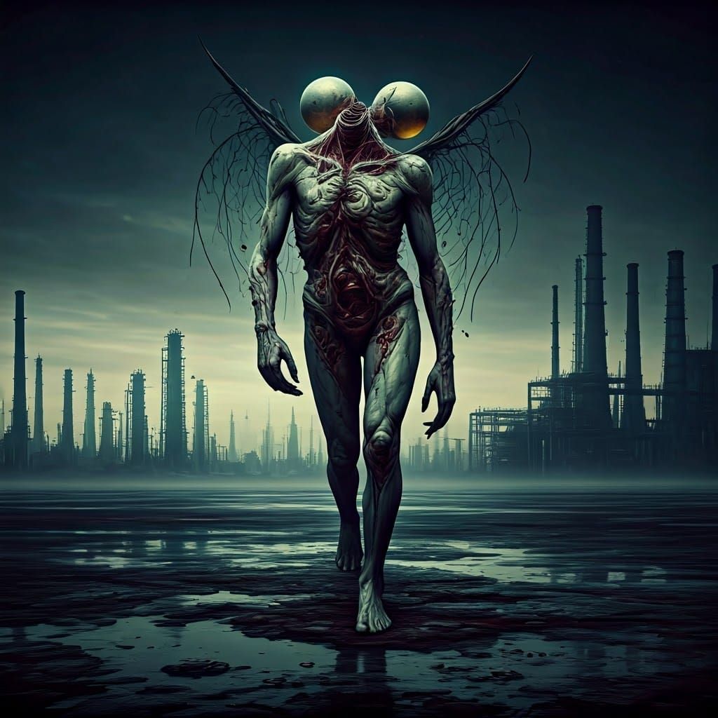 Grotesque Biomechanical Monstrosity in Hyper-Real Industrial...