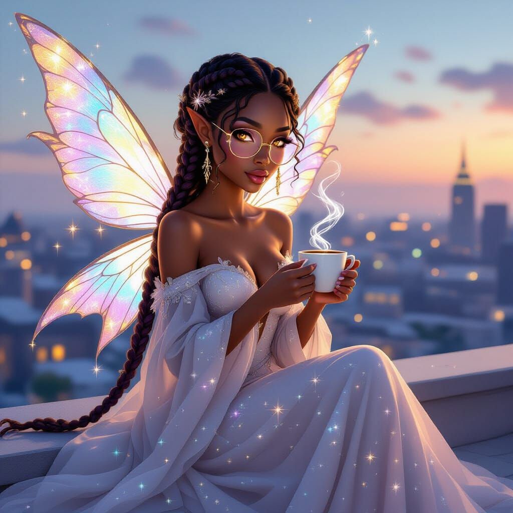 African American Fairy Goddess with Coffee, Digital Art