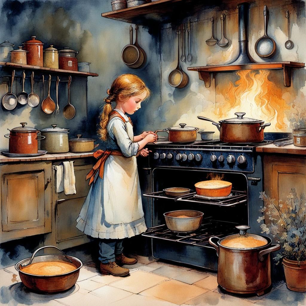 Girl Cooking Pudding: Intricate Kitchen Scene