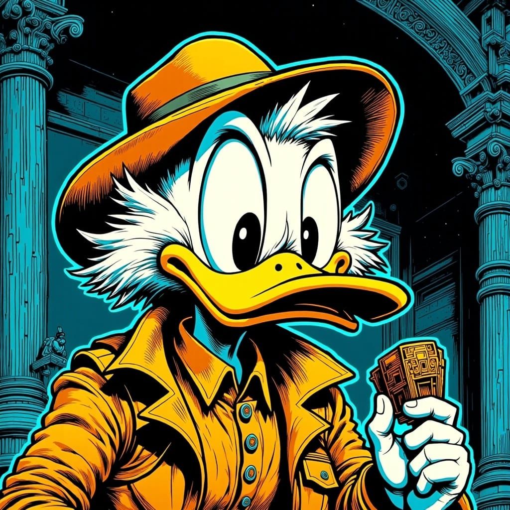 Scrooge McDuck Inspects Artifact as Linocut Print
