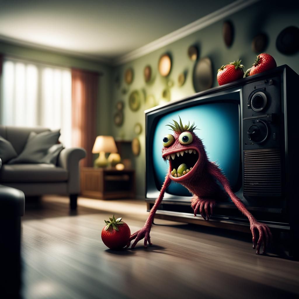 Hyperrealistic Fruit Monster Emerges from Television