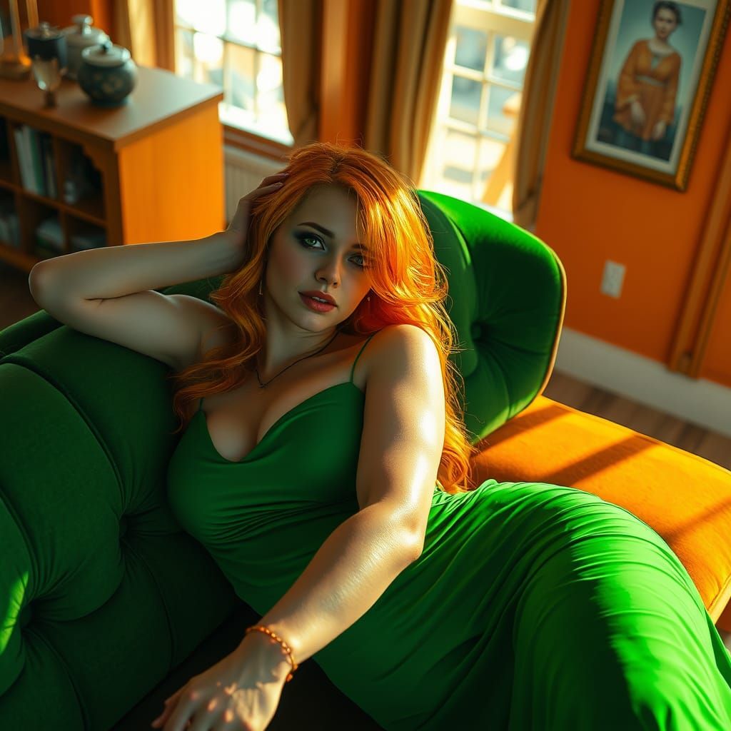Ethereal Woman in Vibrant Orange Living Room