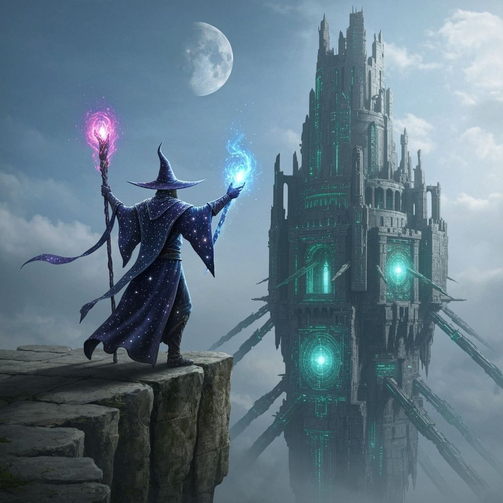 Wizard Bridging Magic and Future in Fantasy Art