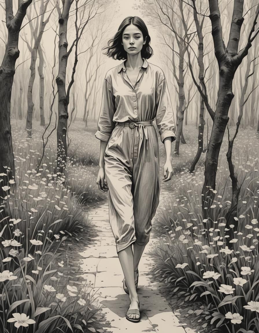 Woman Walking in Flower Forest: Minimalist Pencil Art
