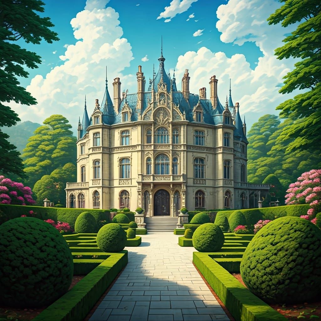 Enchanting Castle Garden in Art Nouveau Style