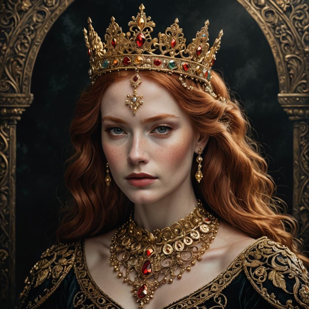 Elegant Redhead Queen with Golden Crown: Fantasy Portrait
