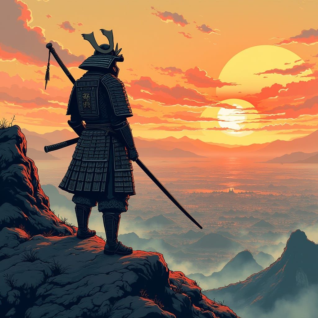 Samurai on Mountaintop in Japanese Woodblock Style