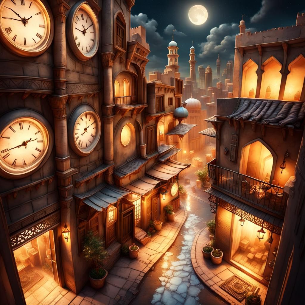 Arabic Street at Night Under Two Moons