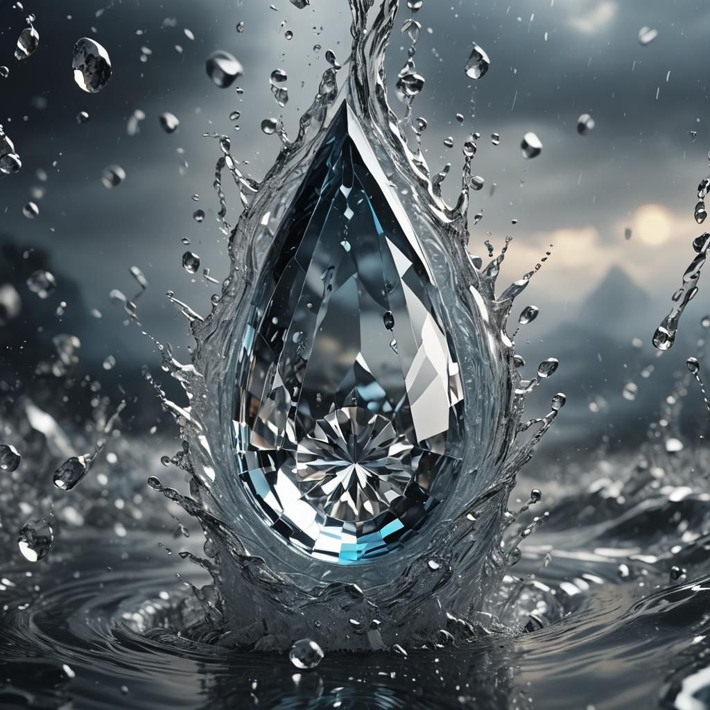 Hyperrealistic Crystal Teardrop with Splashing Wave