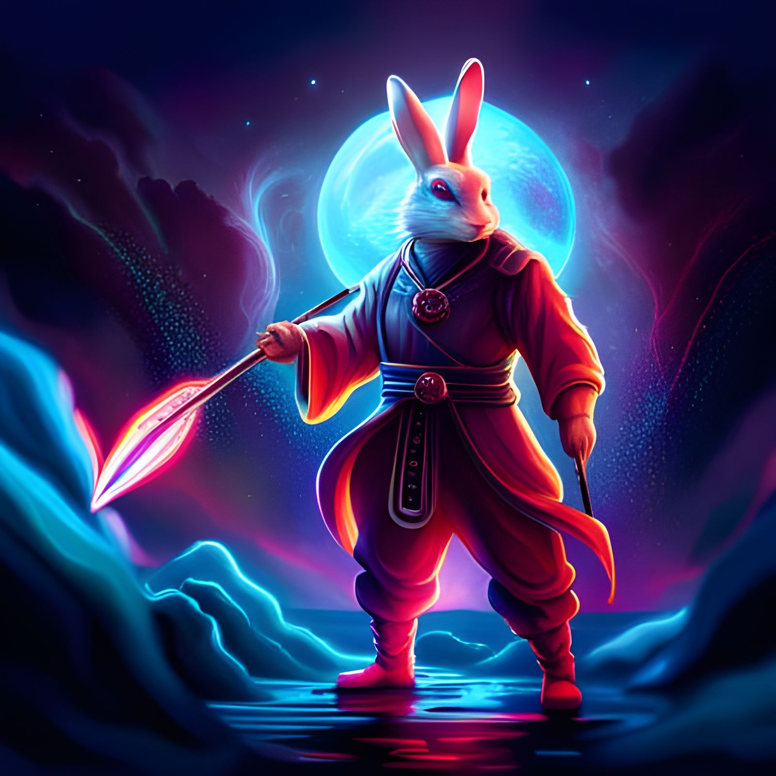 Cosmic Rabbit with Katana: Synthwave Digital Art