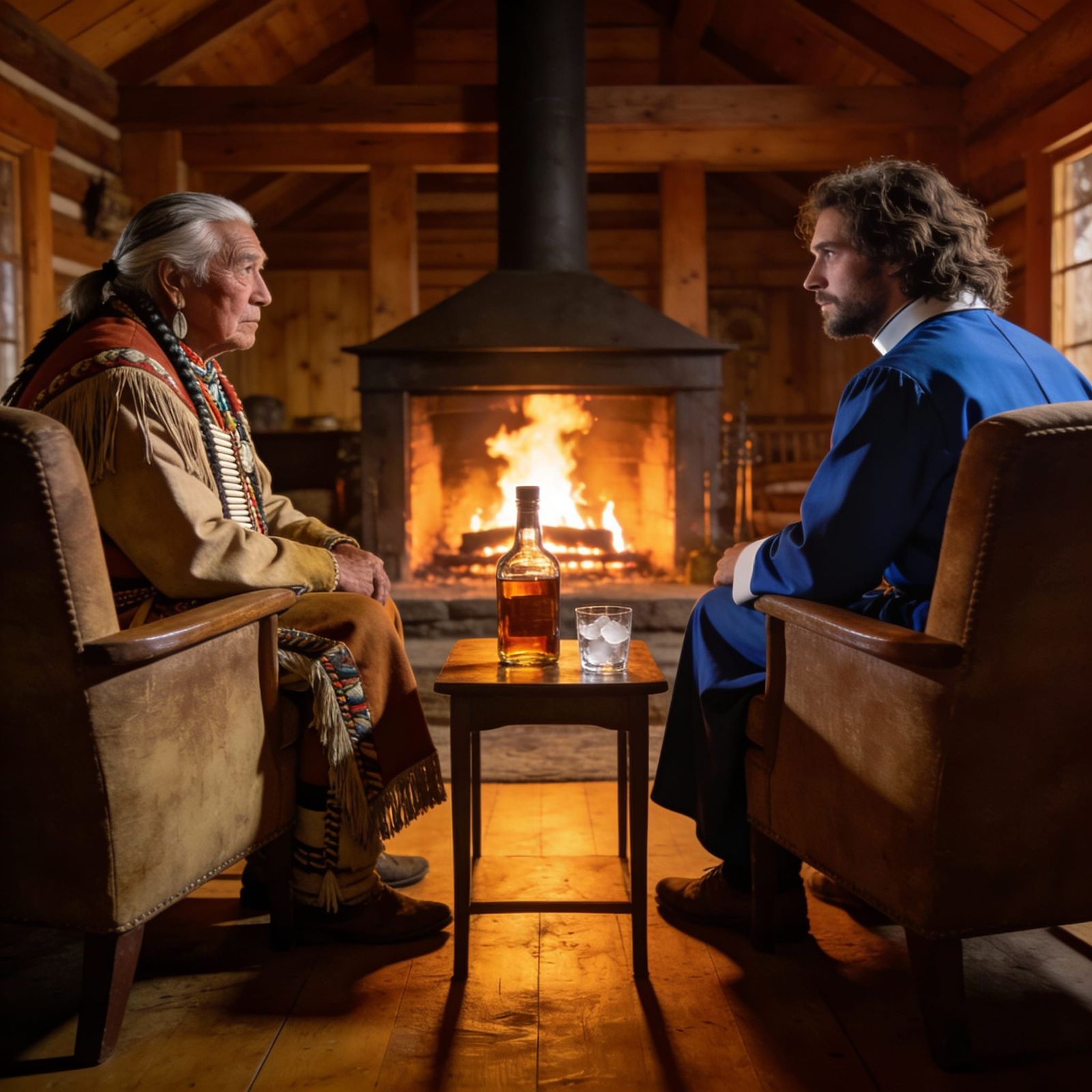Native American and Cleric by Fireplace