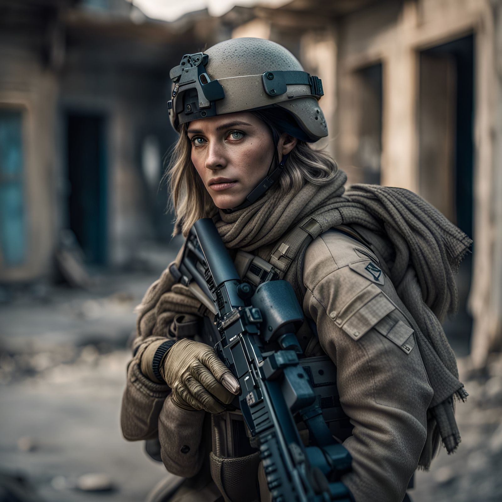 Hyperrealistic Female SAS Soldier in Abandoned City