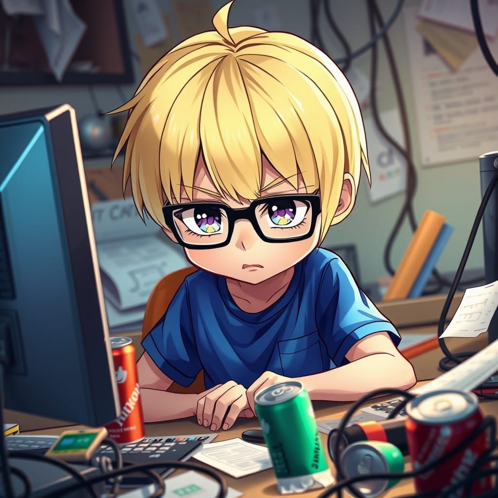 Stressed Chibi Boy Focuses on Computer in 3D Anime Style