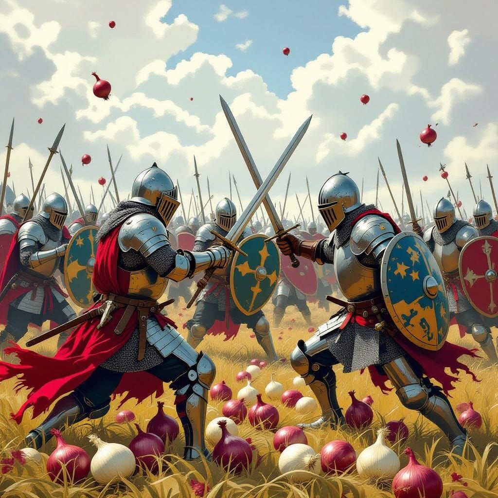 Medieval Knights Battle in Onion Field: Surreal Art