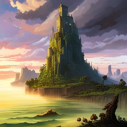 Horror Minecraft Slime Island in Doré Style