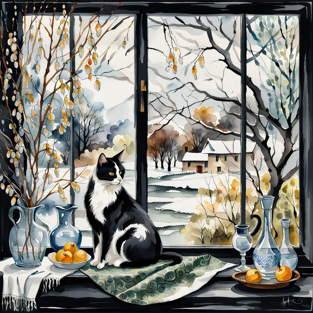 Cashmere Shawl with Willow Catkins in Watercolor Style