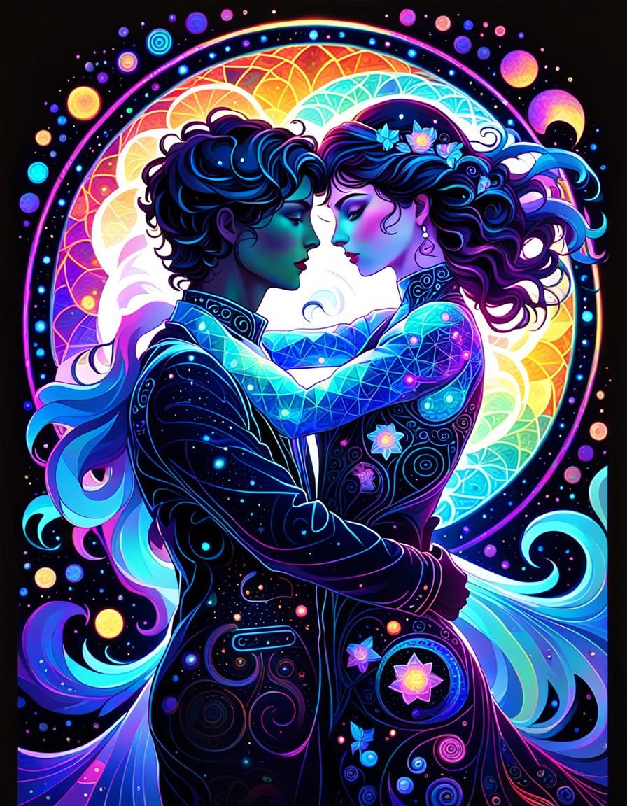 Embracing Couple in Art Nouveau Mosaic Style