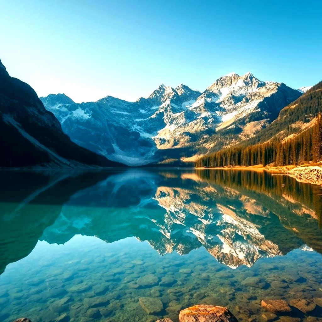Pristine Mountain Lake Reflecting Peaks in HD