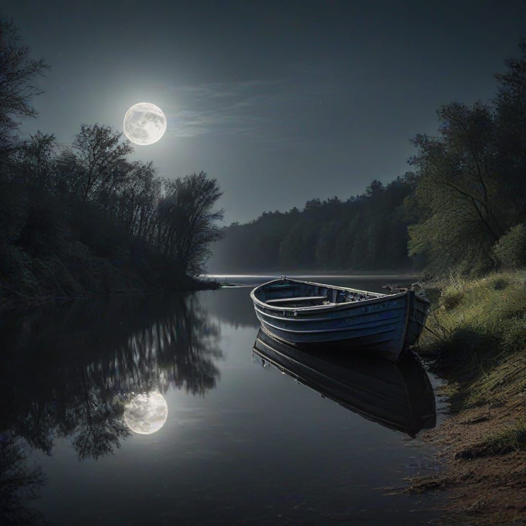 Hyperrealistic Moonlit Boat Scene in Dramatic Lighting