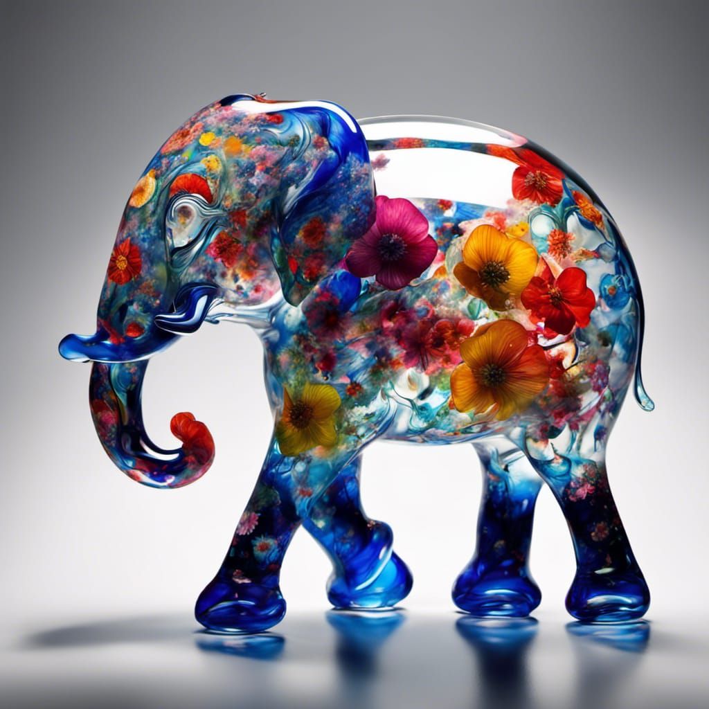 Blown Glass Elephant with Blossoms in Pop Art Colors