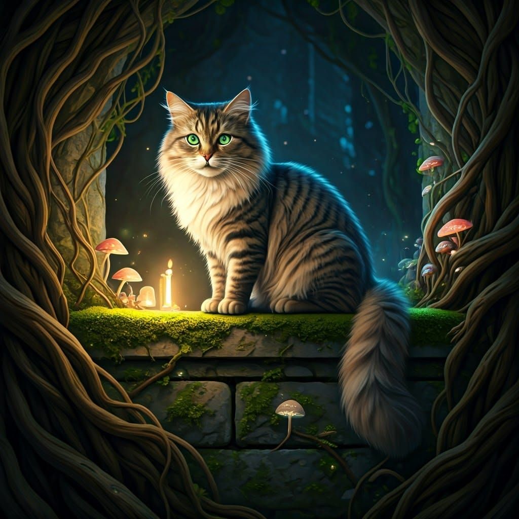 Glowing Cat on Mossy Wall in Fantasy Landscape
