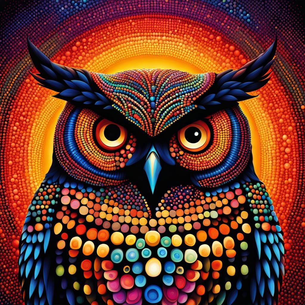 Colorful Surreal Dot Art Owl in Borderland Style
