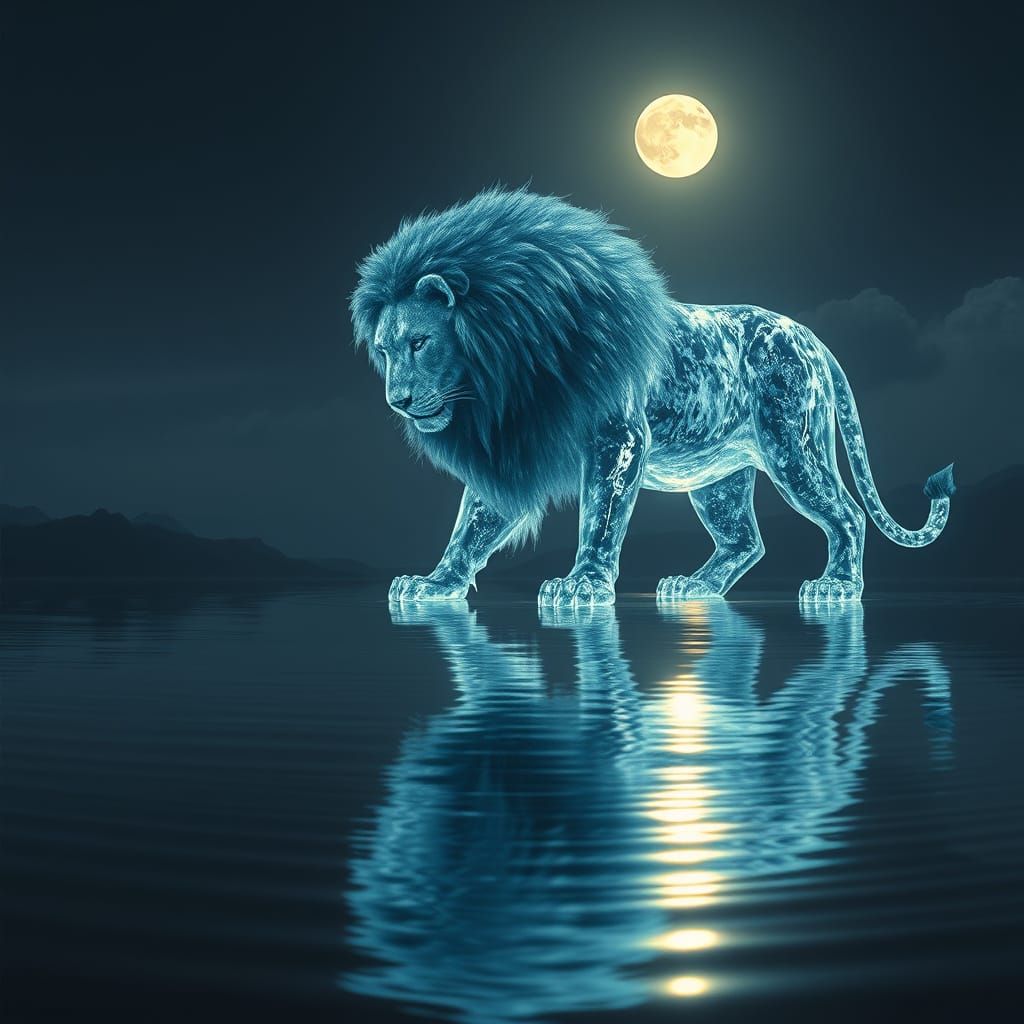 Lion of Liquid Crystal in Moonlit Serenity