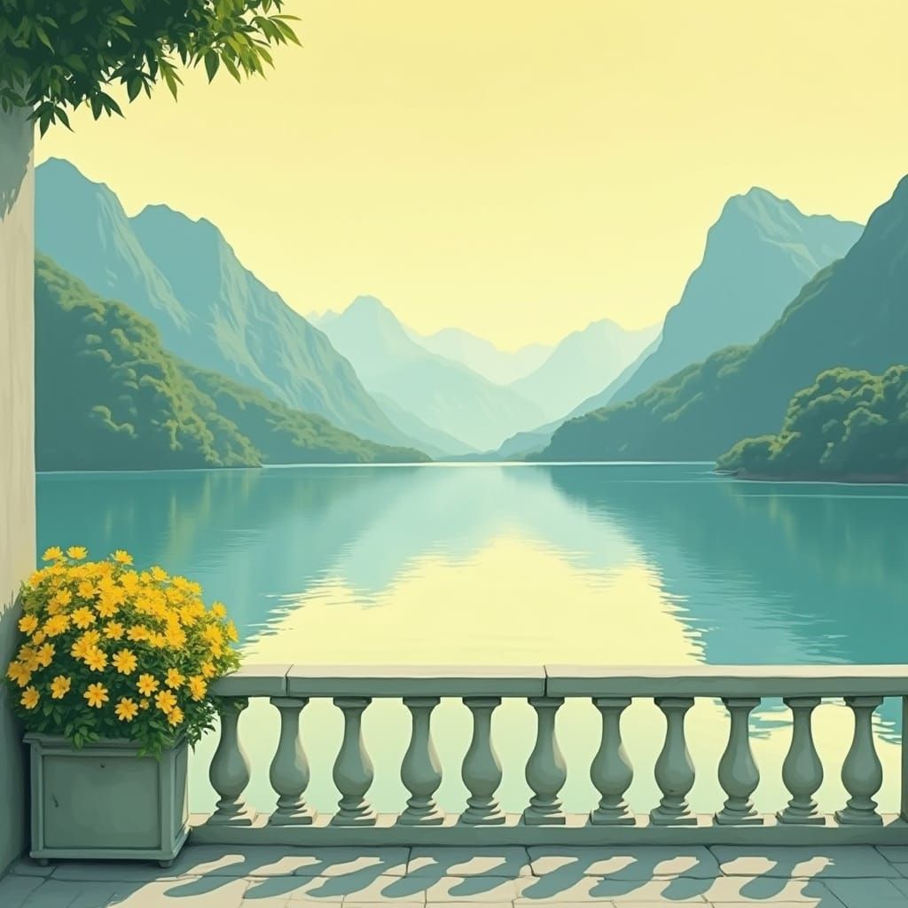 Pastel Art Deco Lake Como Landscape with Reflections