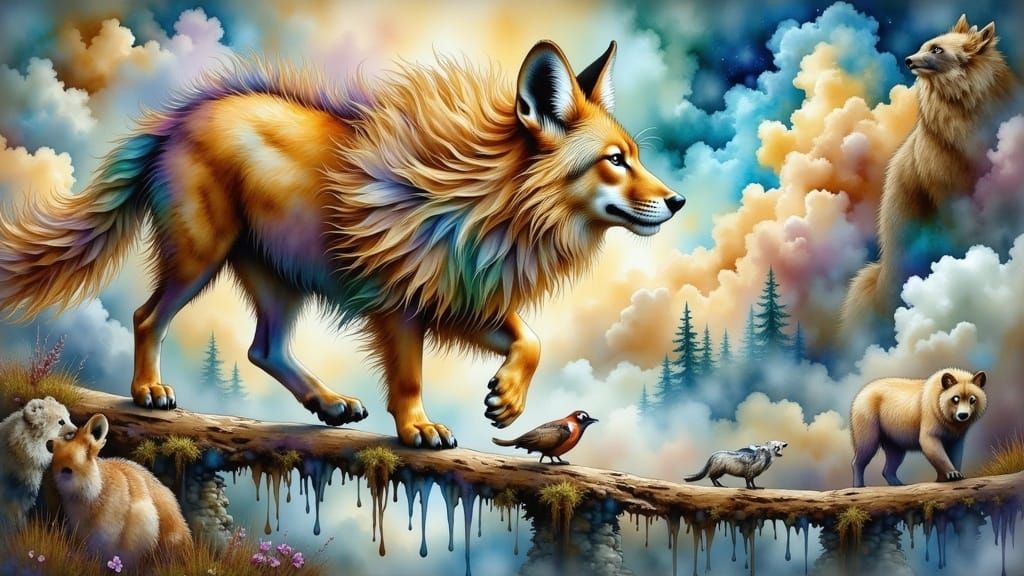 Surreal Cloudscape with Whimsical Creatures and Futuristic E...