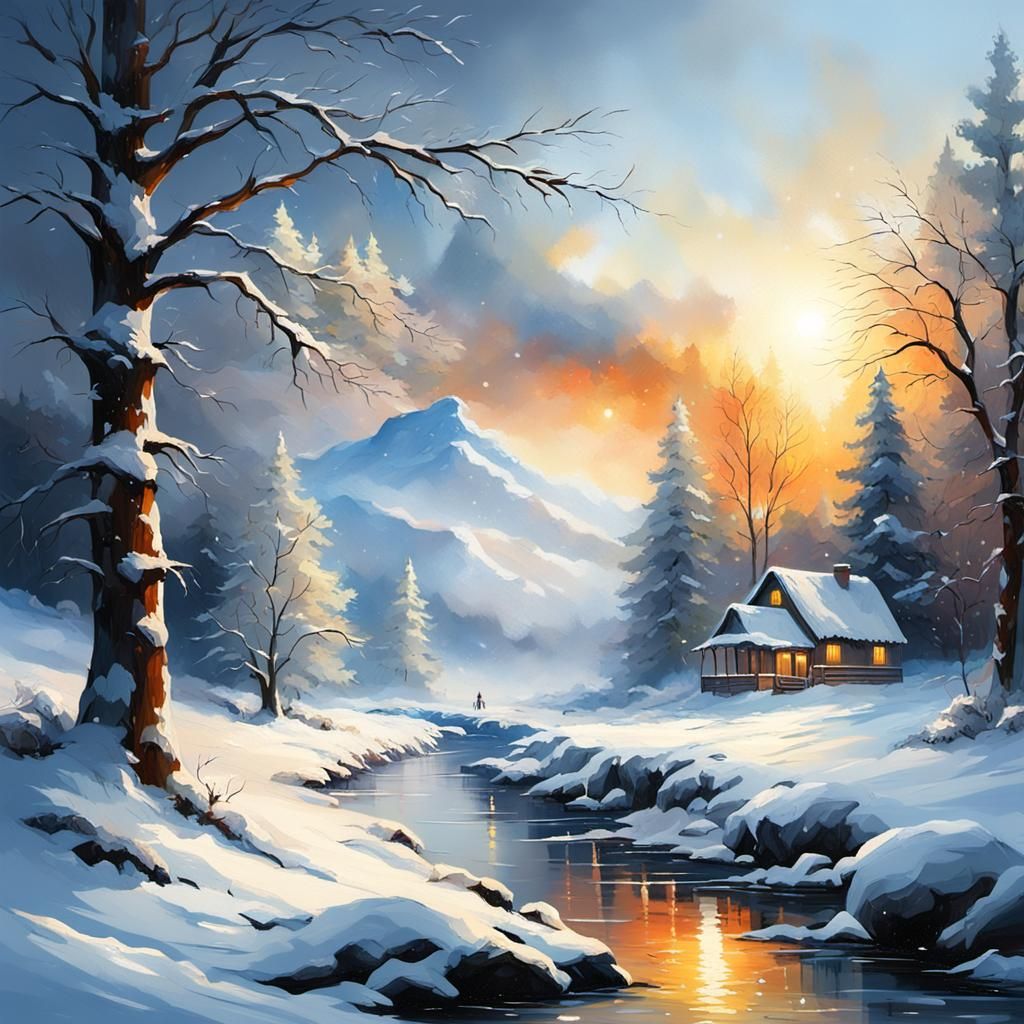 Beautiful Snowy Christmas Landscape at Sunrise
