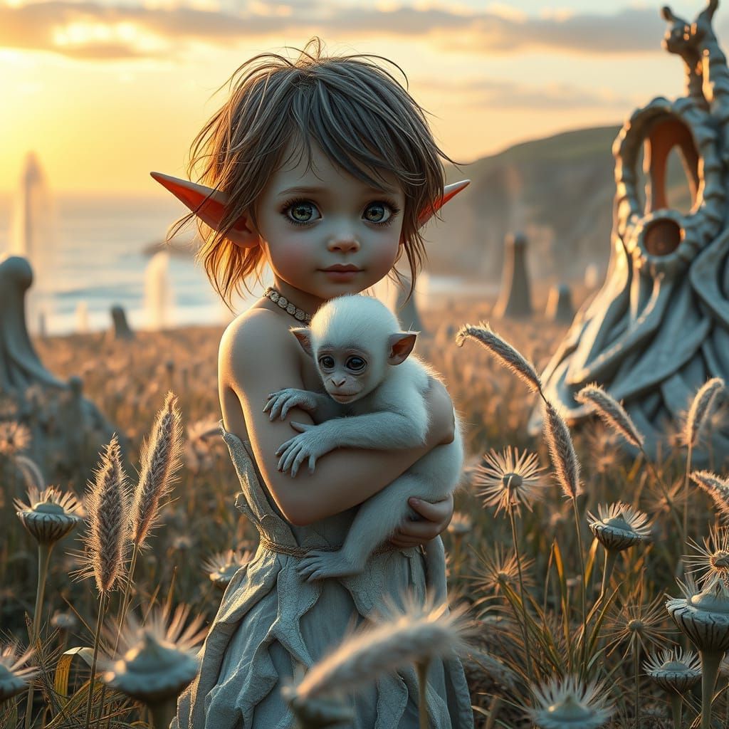 Elven Child and Monkey in Fractal Landscape