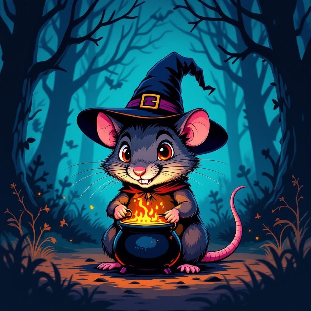 Mischievous Rat in Spooky Forest with Witch Hat