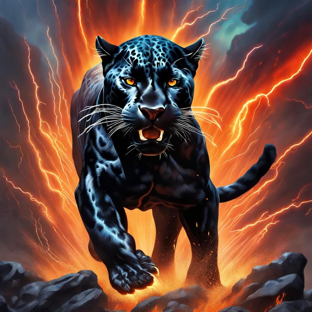 Black Jaguar in Volcanic Lightning Storm