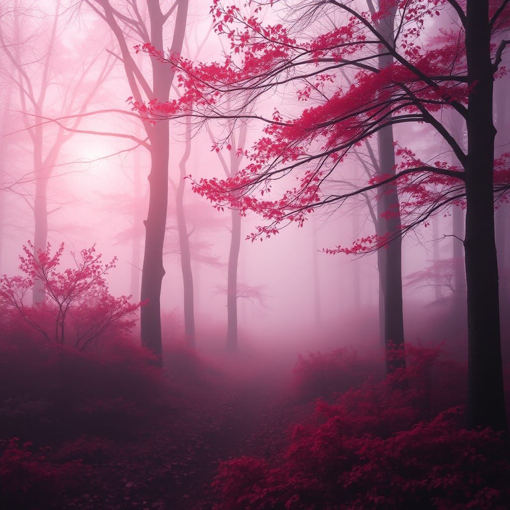 Enchanted Red Forest with Glowing Fog